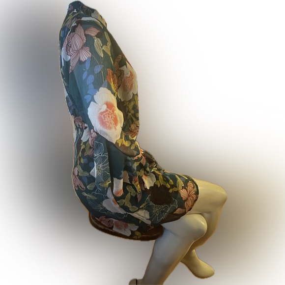 As U Wish Green and Pink Floral A-Line Dress with Ruffled Sleeves - Picture 8 of 11